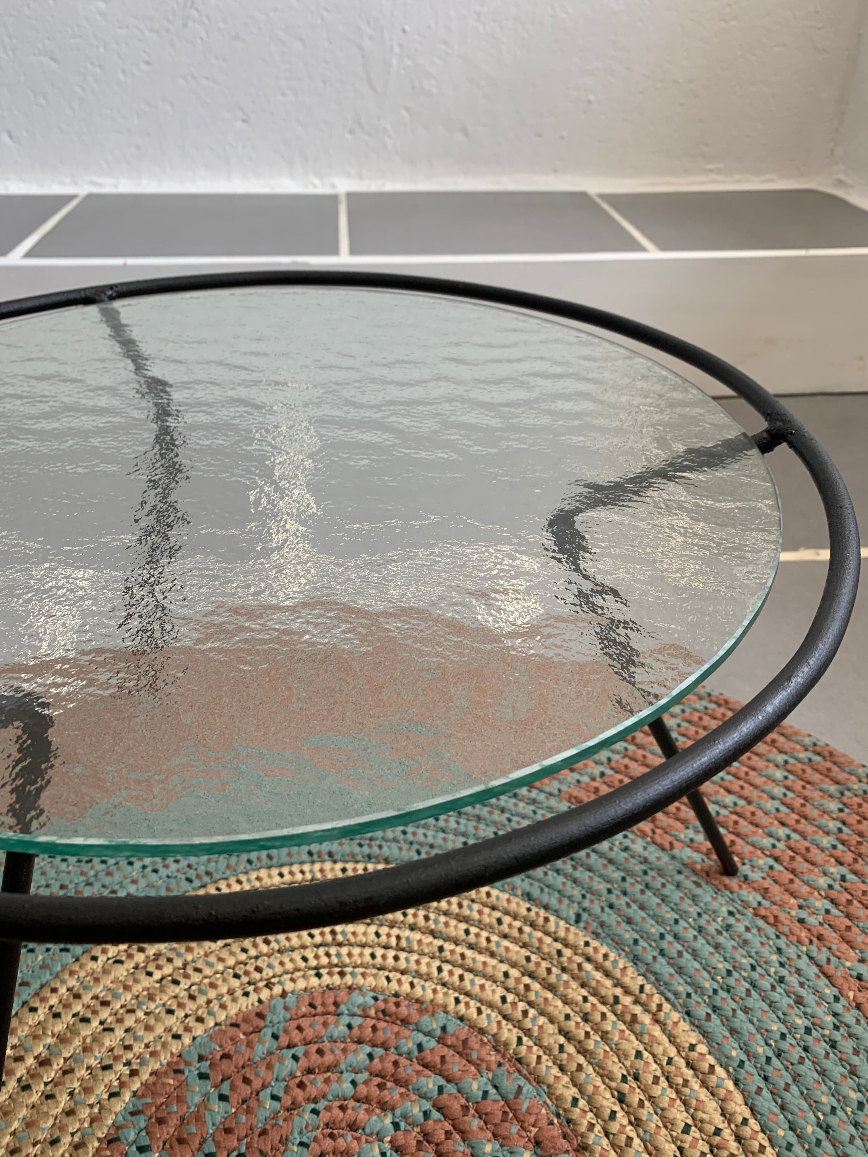 Vintage tripod glass and metal coffee table