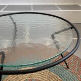 Vintage tripod glass and metal coffee table