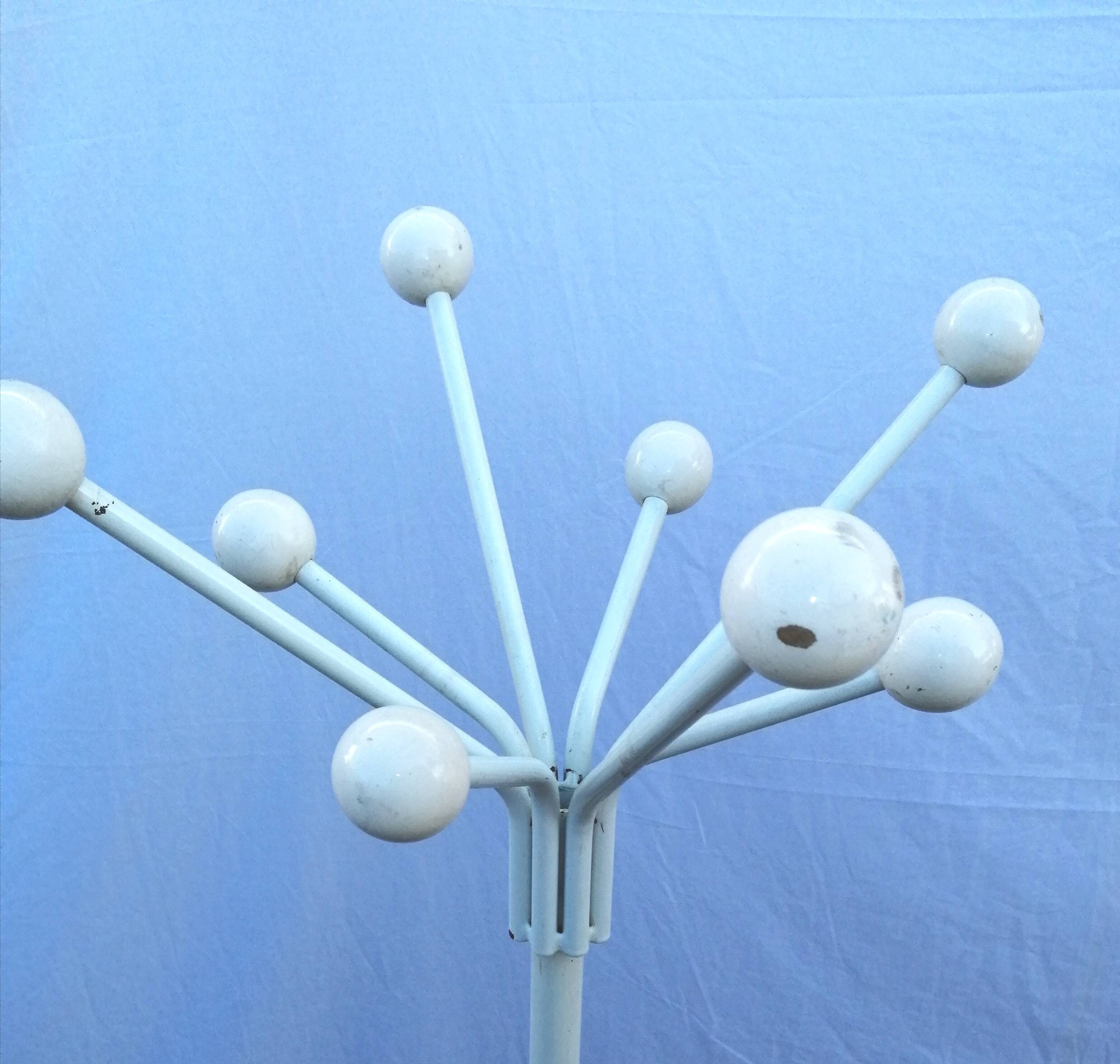 1960s metal parrot coat rack, white, tripod, 8 wooden balls
