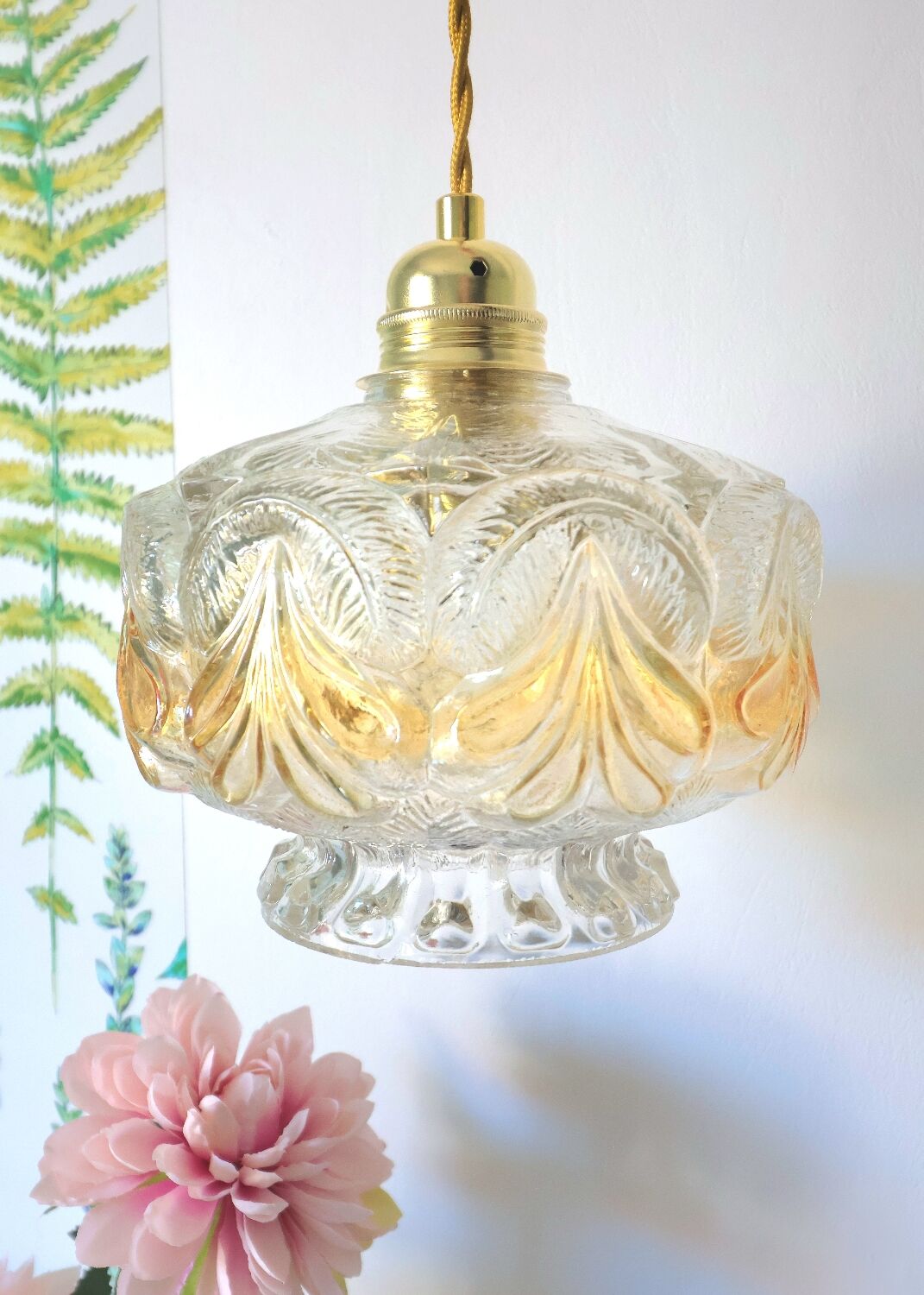 Vintage amber cut glass suspension – retro bohemian lamp