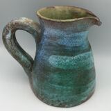 Vintage broc pitcher in enamelled sandstone with effect of blue shades, turquoise green signed