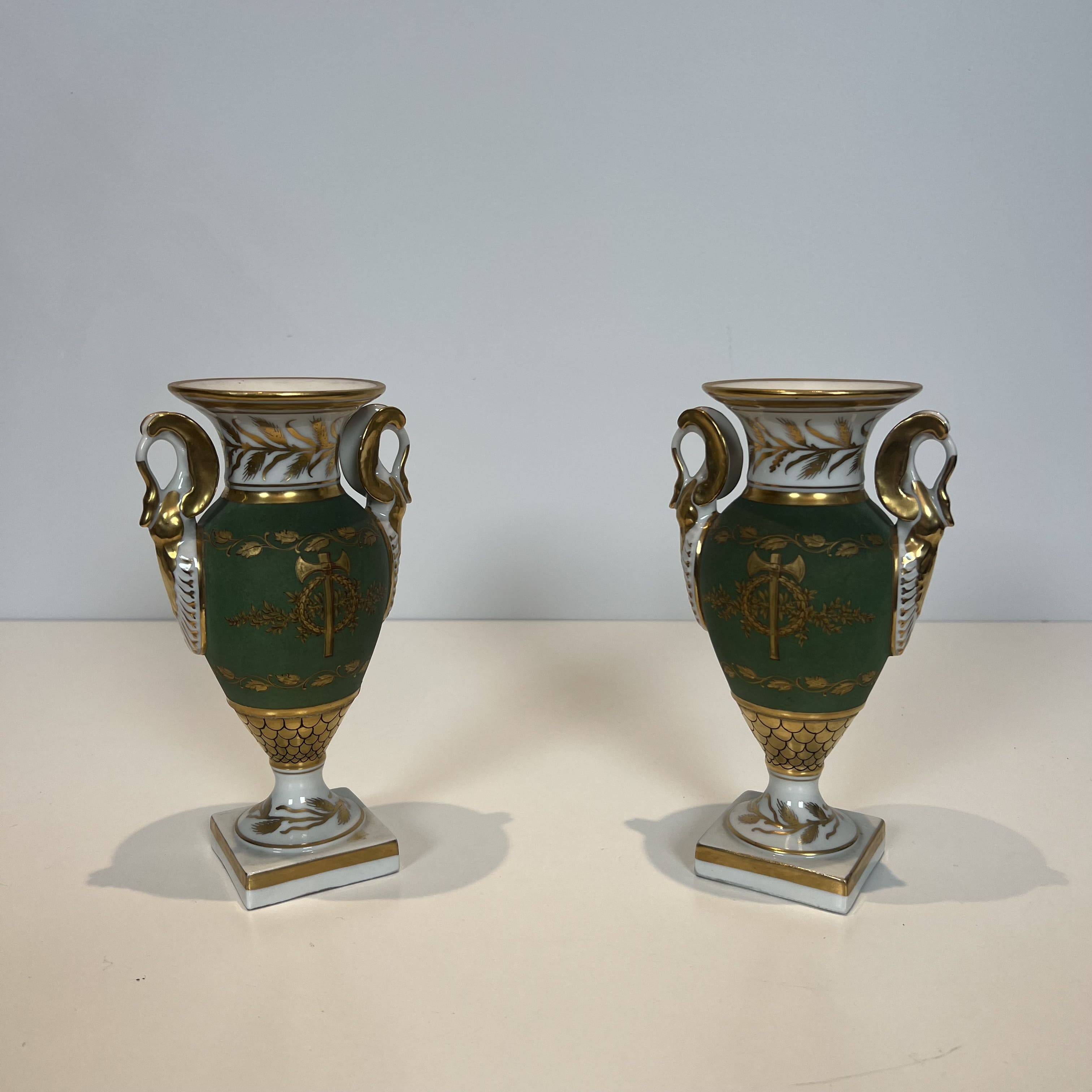 Pair of Empire Style Porcelain Vases, Decorated with Swans and Bundles