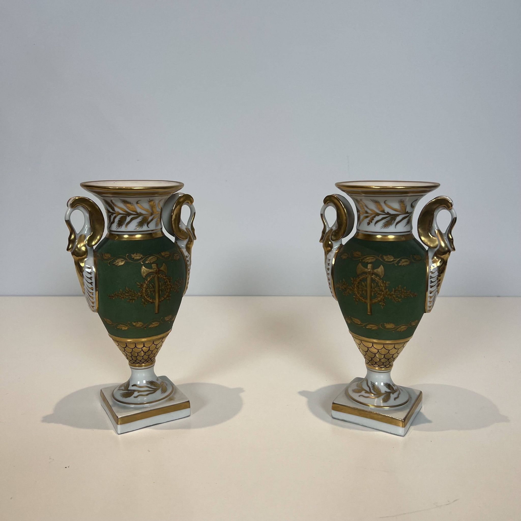 Pair of Empire Style Porcelain Vases, Decorated with Swans and Bundles