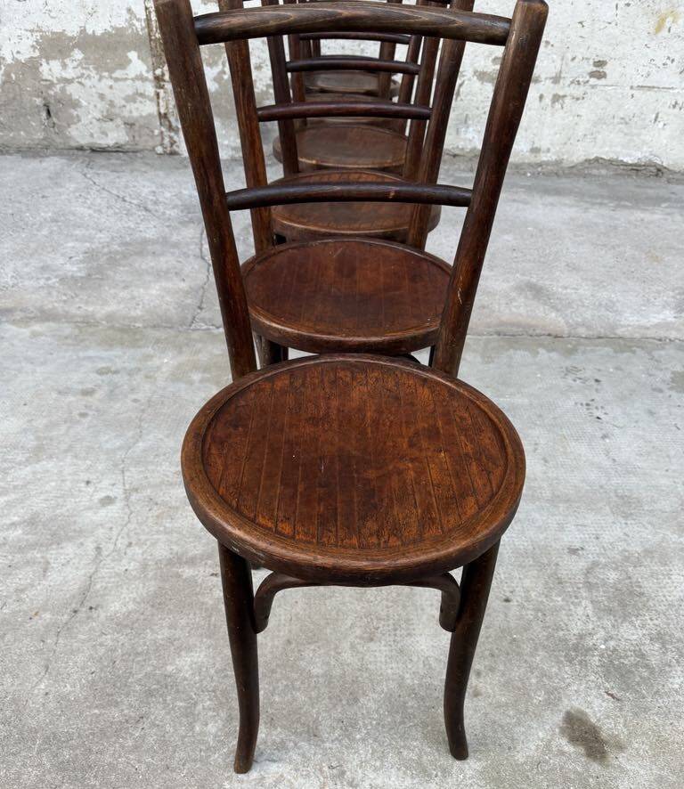 Set of 7 old Baumann bistro chairs in curved wood with round seat