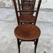 Set of 7 old Baumann bistro chairs in curved wood with round seat