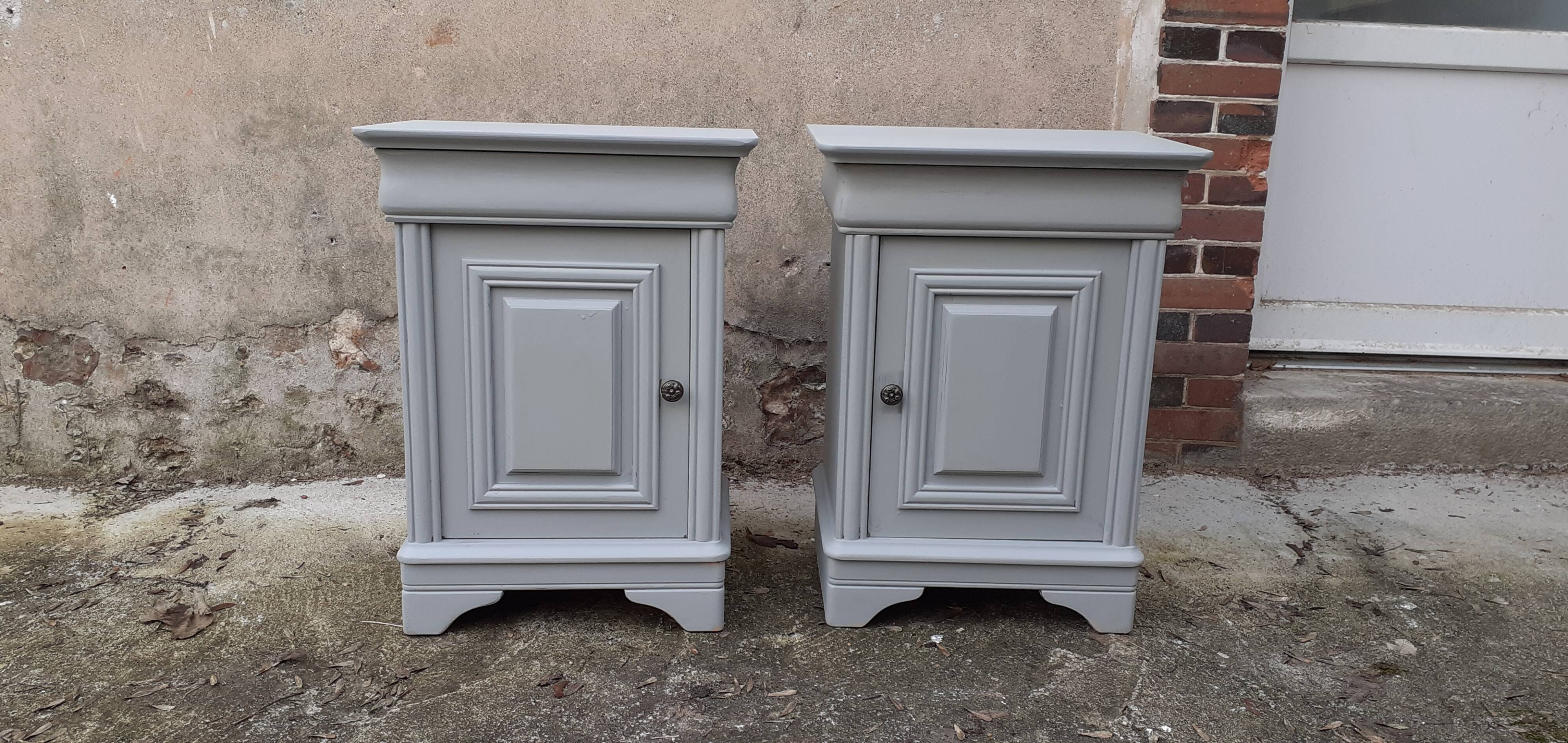 Pair of Louis Philippe style bedside tables 1 door 1 drawer gray