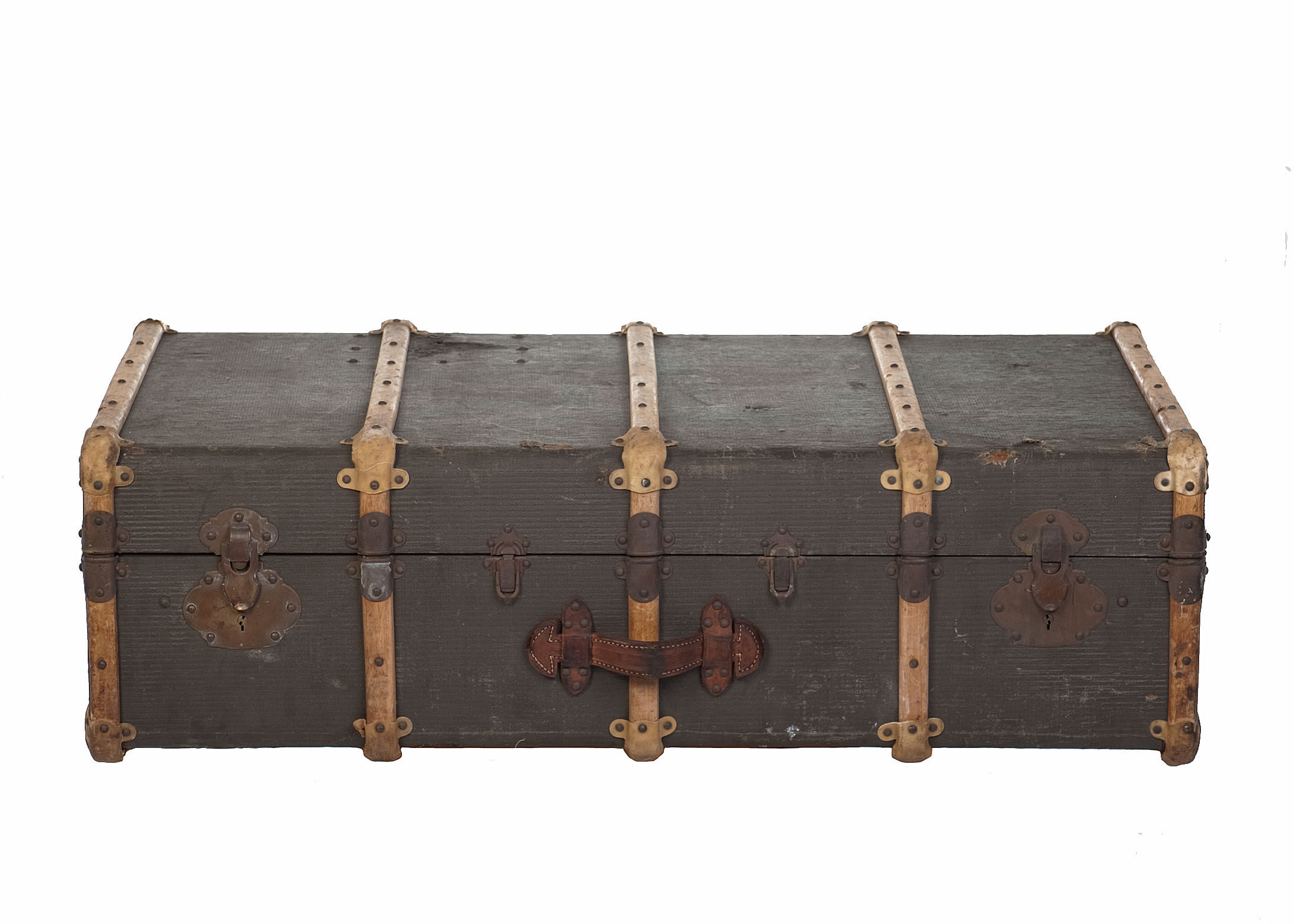 Trunk with wood, brass lock, khaki green coated canvas, circa 1930