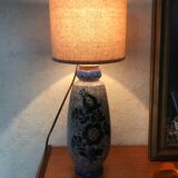 Pied de lampe en grès décor floral bleu nuit