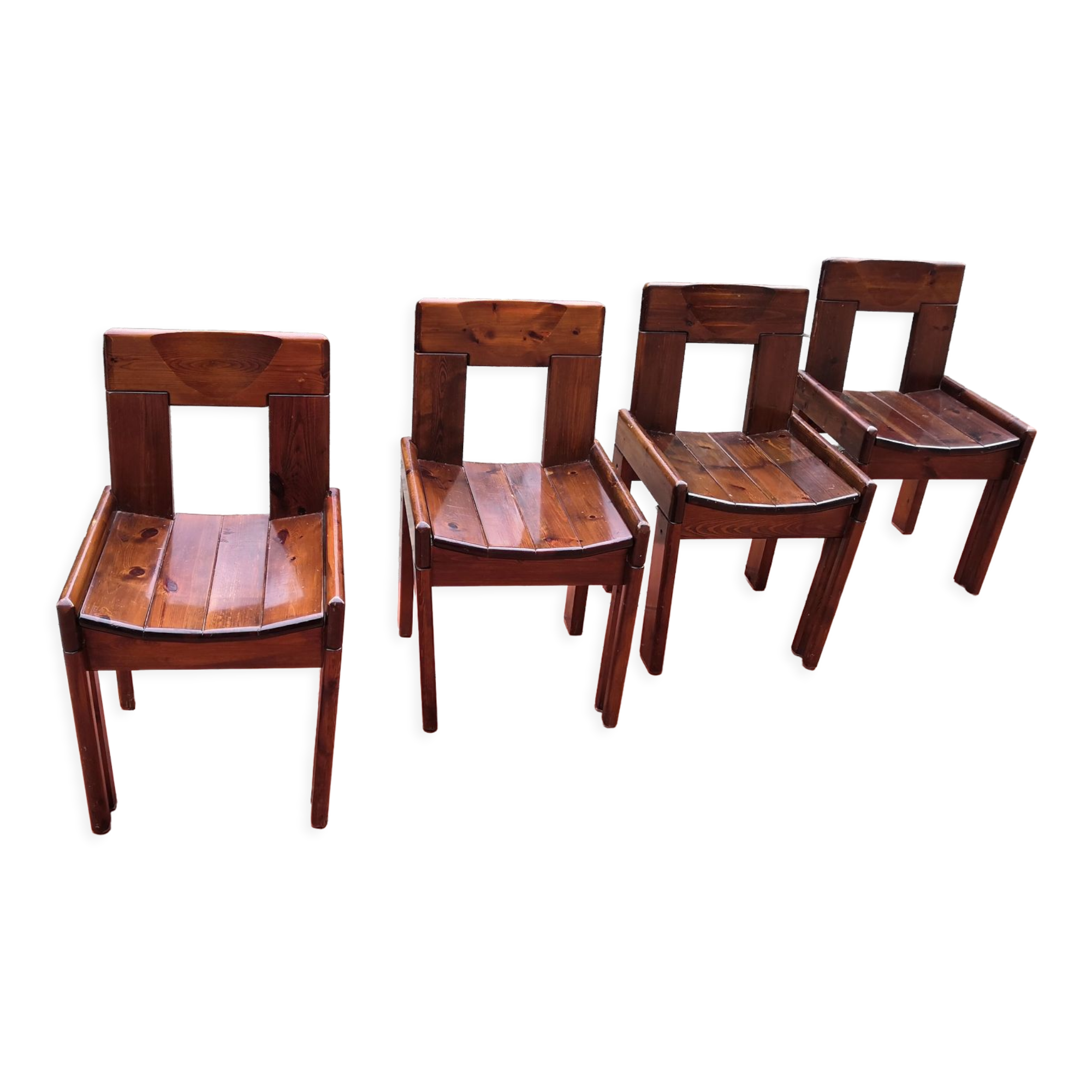 Brutalist Solid Pine Chairs Set of 4, 70s