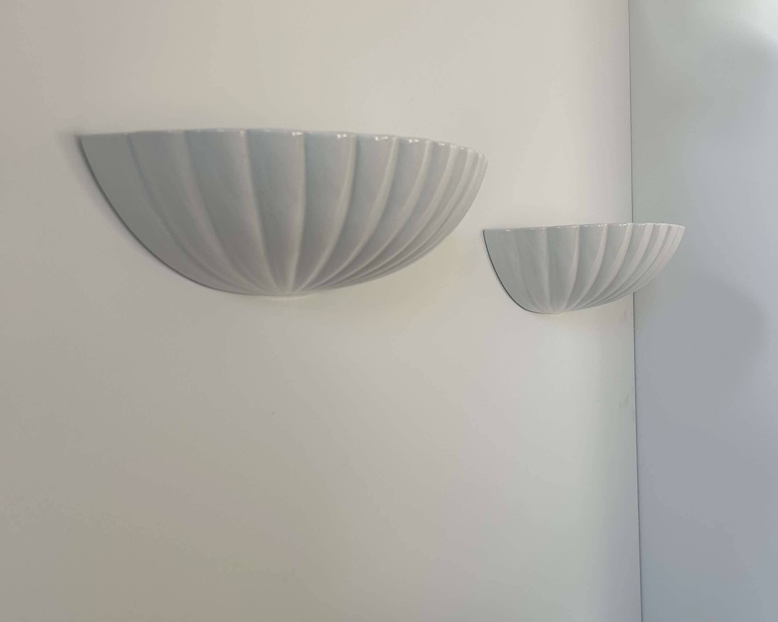 Pair of vintage shell wall lights, white porcelain, France 1970