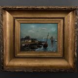 Oil on panel marine scene signed 20th century gilt leaf frame