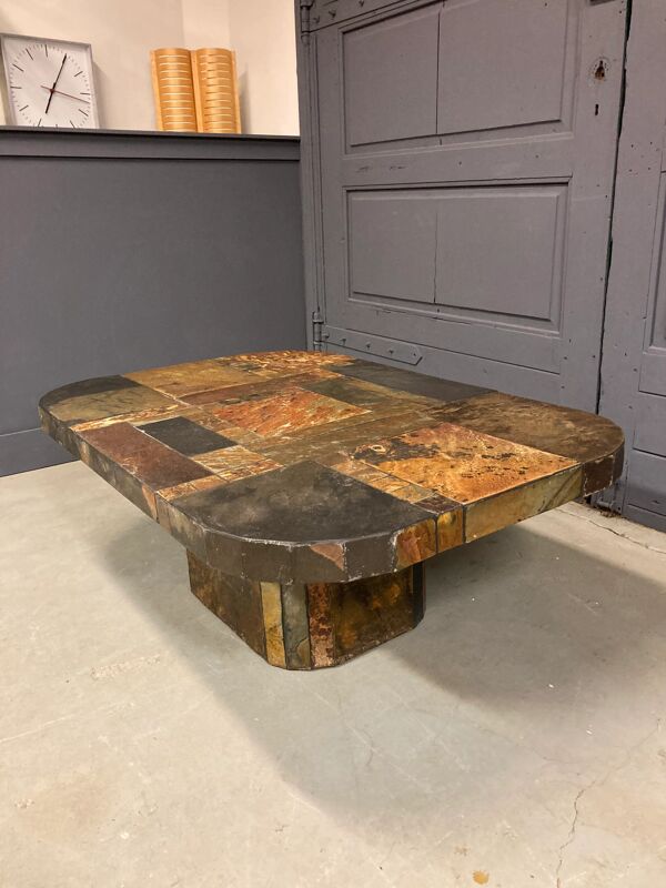 Table basse vintage, ardoise aux couleurs bronze et cuivre, années 1960/70.
