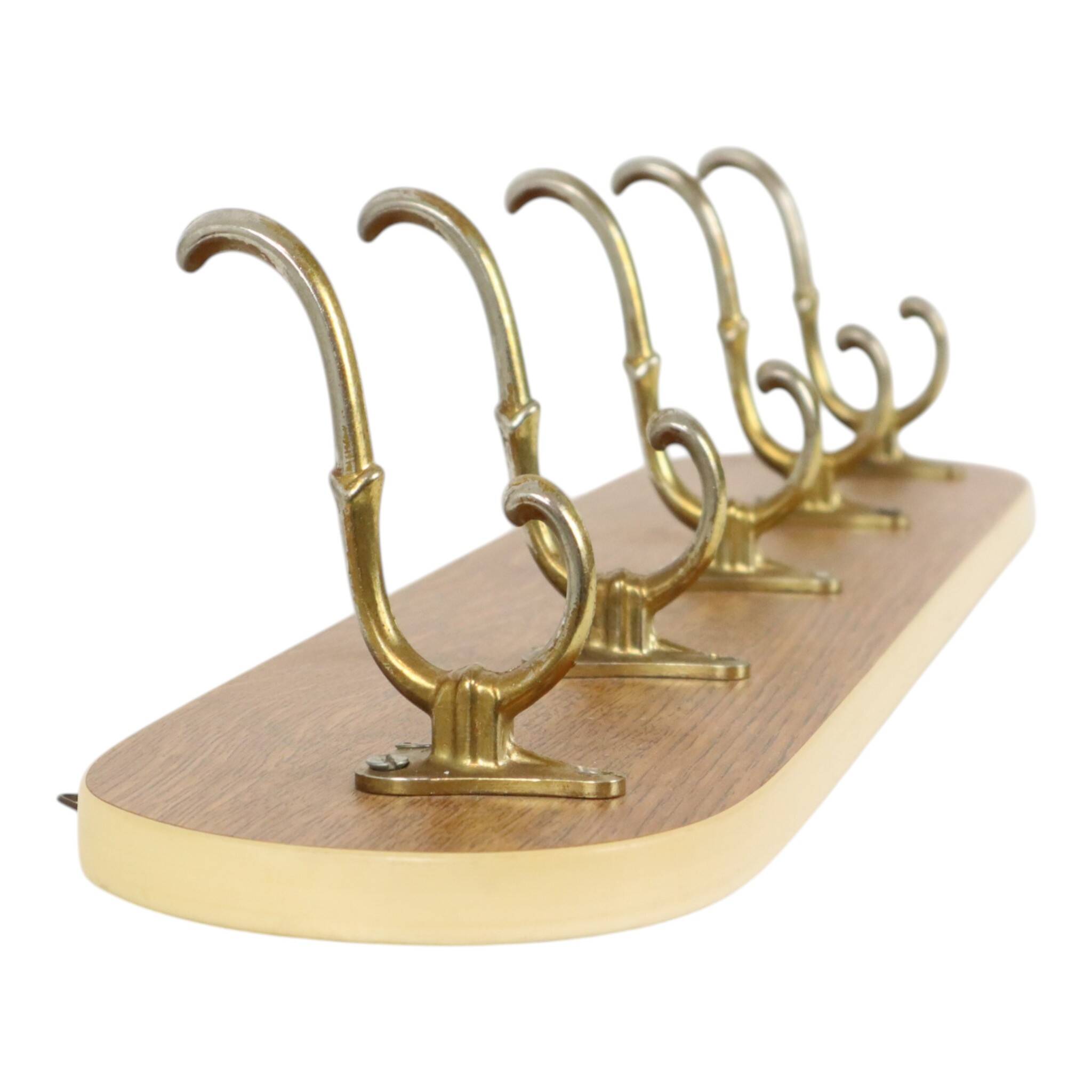 Vintage Rockabilly Coat Rack, 1950s Design, Wood Veneer, Gold