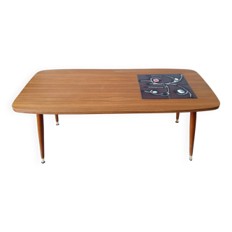 Table basse  scandinave vintage en bois et carrelage ,années 50
