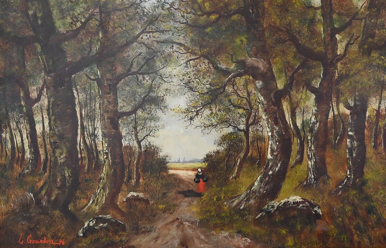 Important painting "Stroll in the Underwood", oil on canvas, signed L. Gourdon – 1896