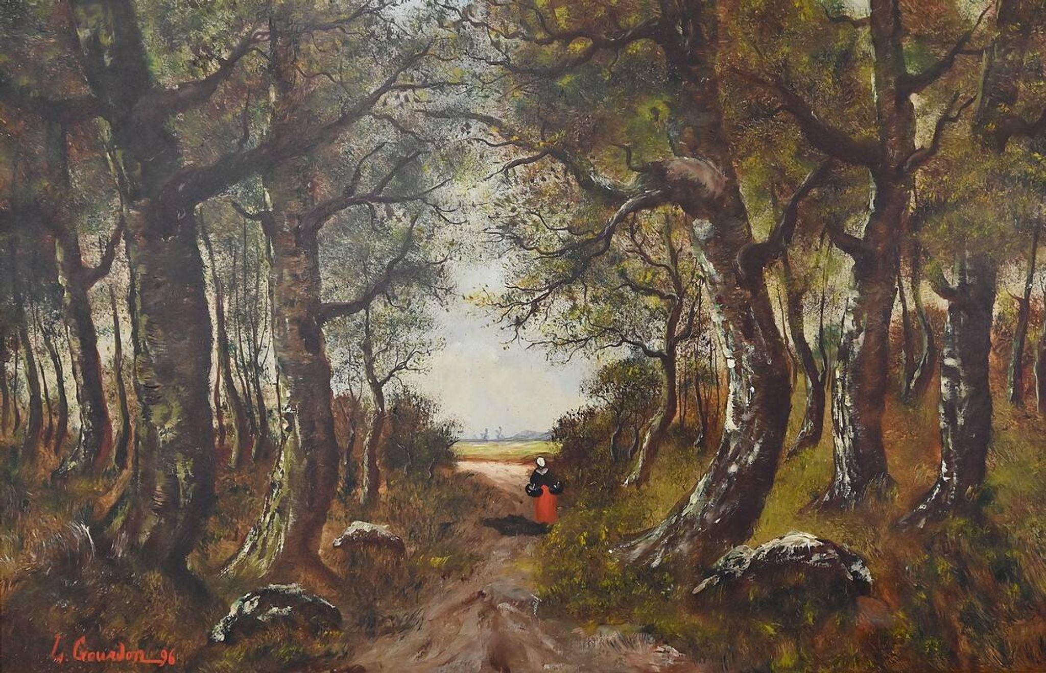 Important painting "Stroll in the Underwood", oil on canvas, signed L. Gourdon – 1896