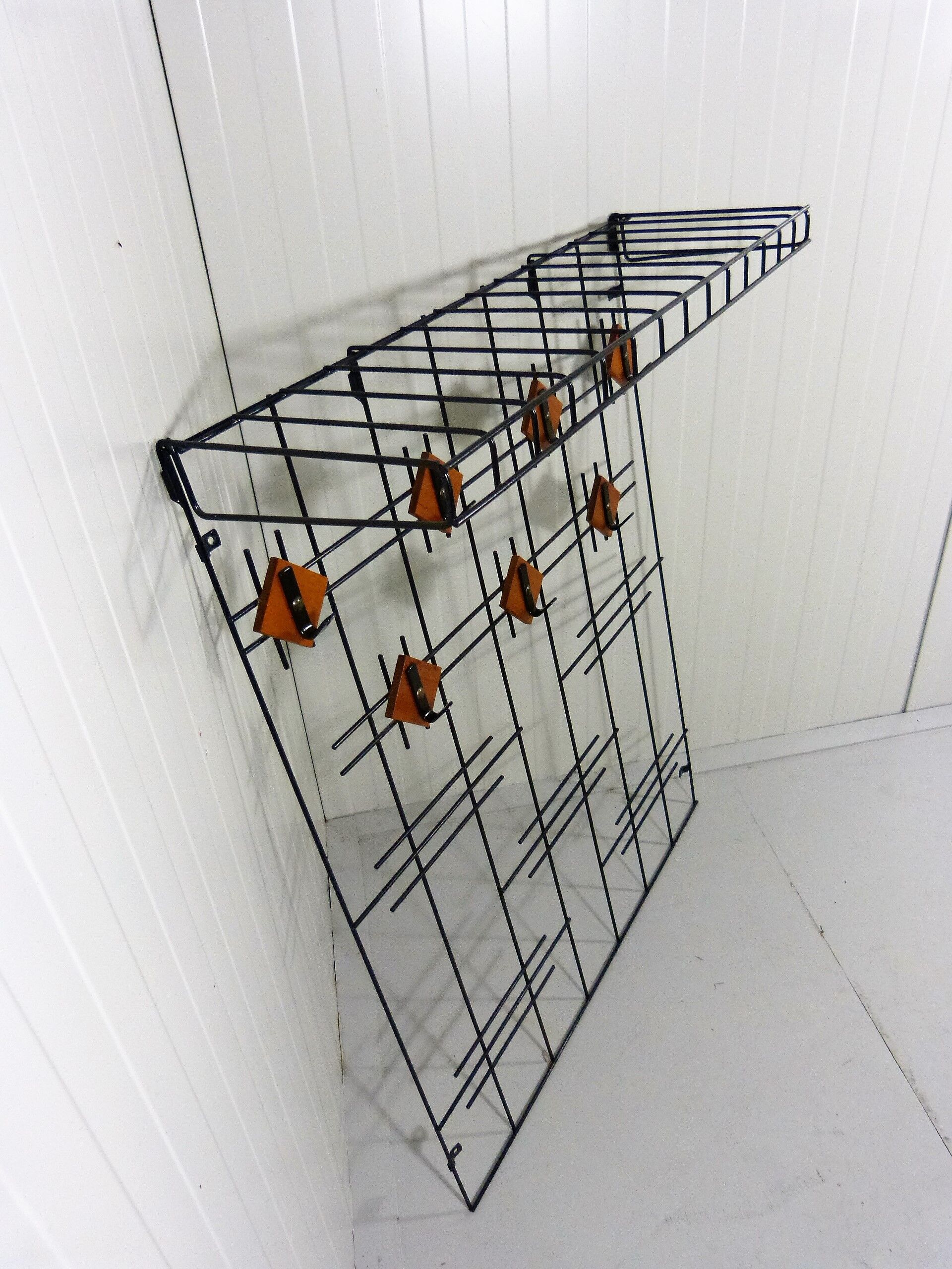 Black wire steel & wooden wall coat rack with hat shelf 1960's