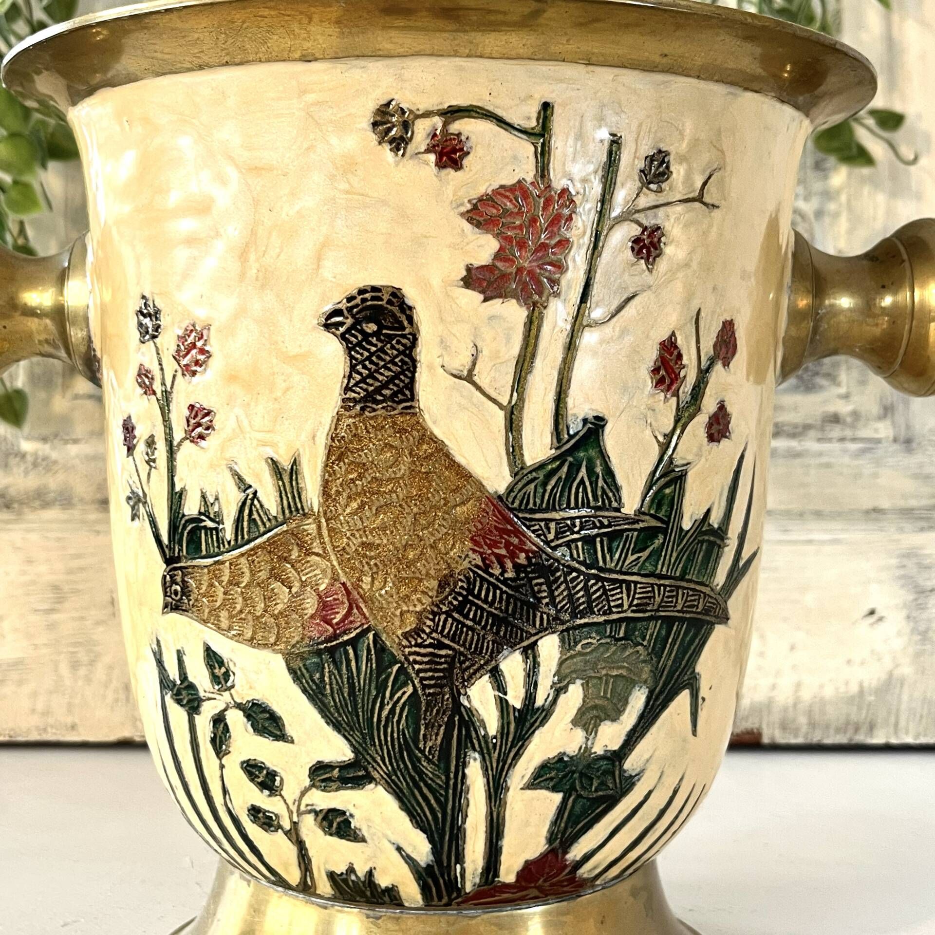 Cloisonne Ice Bucket, Vintage French Peach Enamel Pheasant Floral Desi