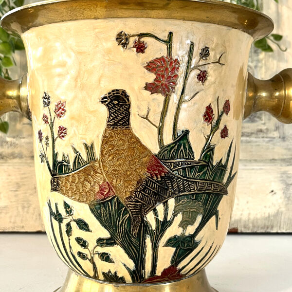 Seau à glace Cloisonné, vintage français en émail pêche avec motif floral de faisan.