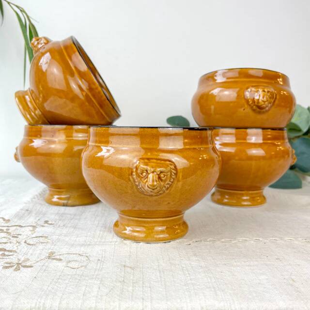 5 bols à soupe à l'oignon tête de lion en céramique vintage Emile Henry - miel et noir, made in France