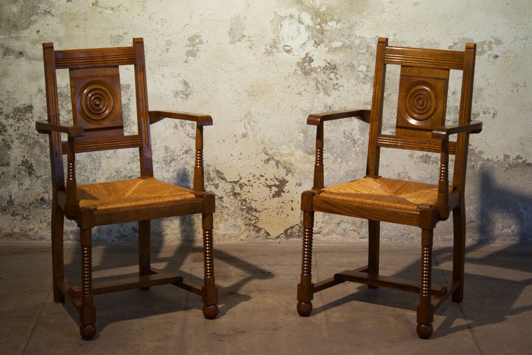 Set of six chairs and two brutalist armchairs mid-century 1950'