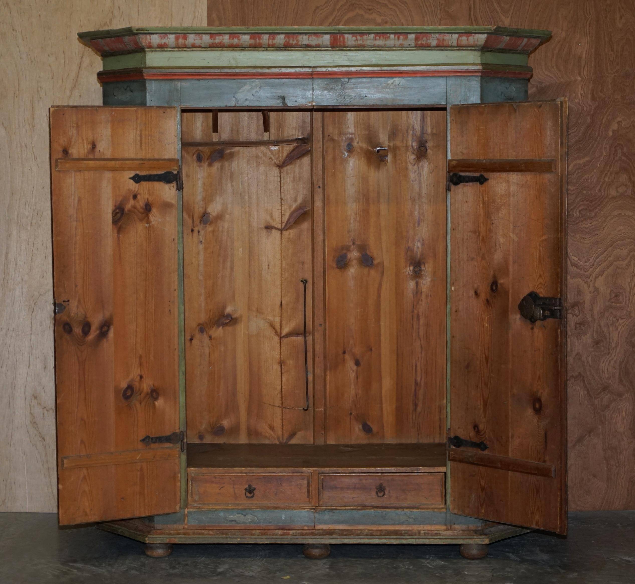 European Hand-Painted Wardrobe in Solid Oak circa 1800
