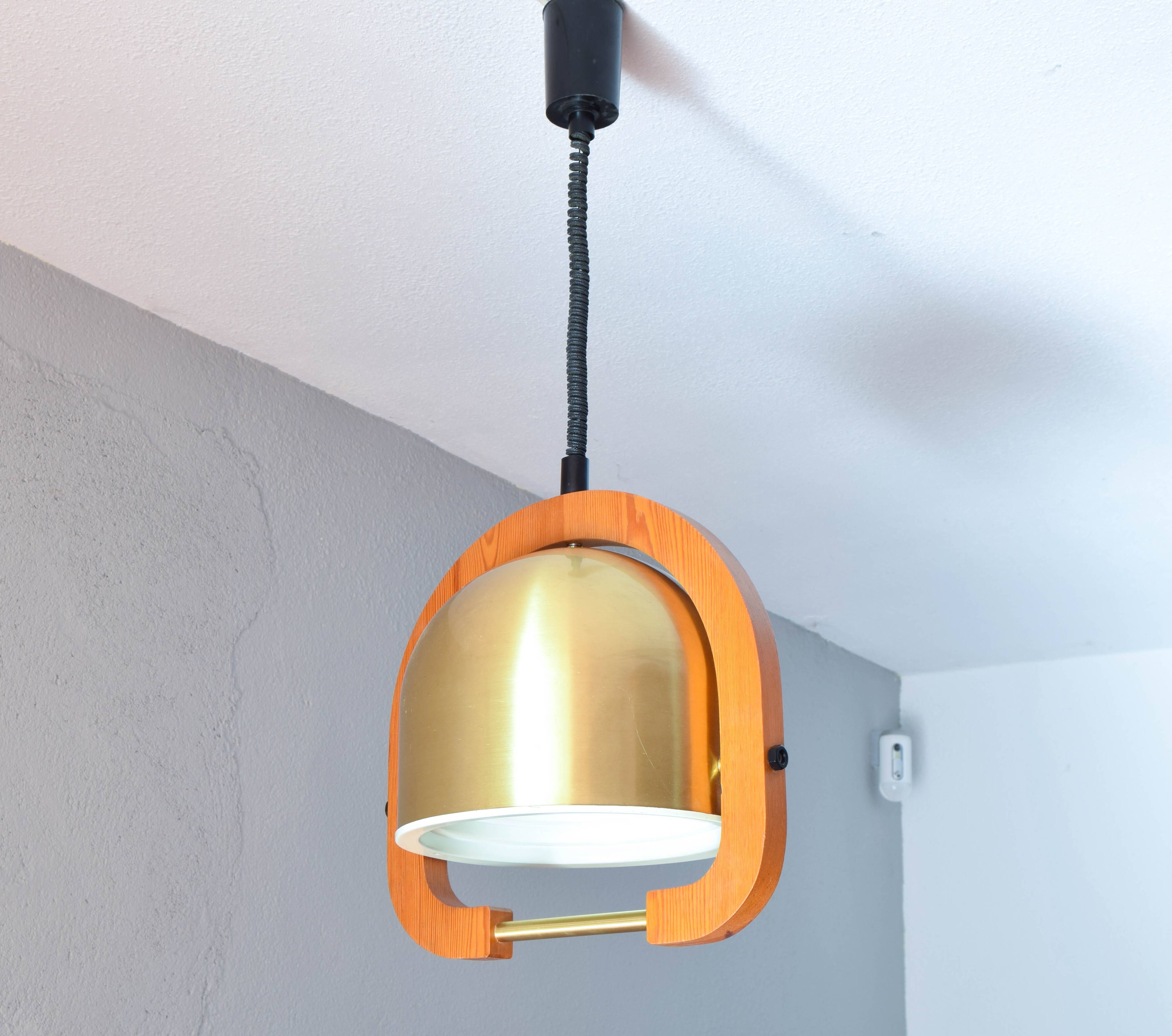 Mid Century Italian Modern Brass and Oak adjustable height Chandelier 70s