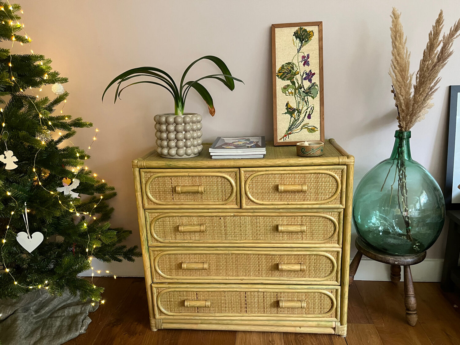 Charming rattan and bamboo chest of drawers.