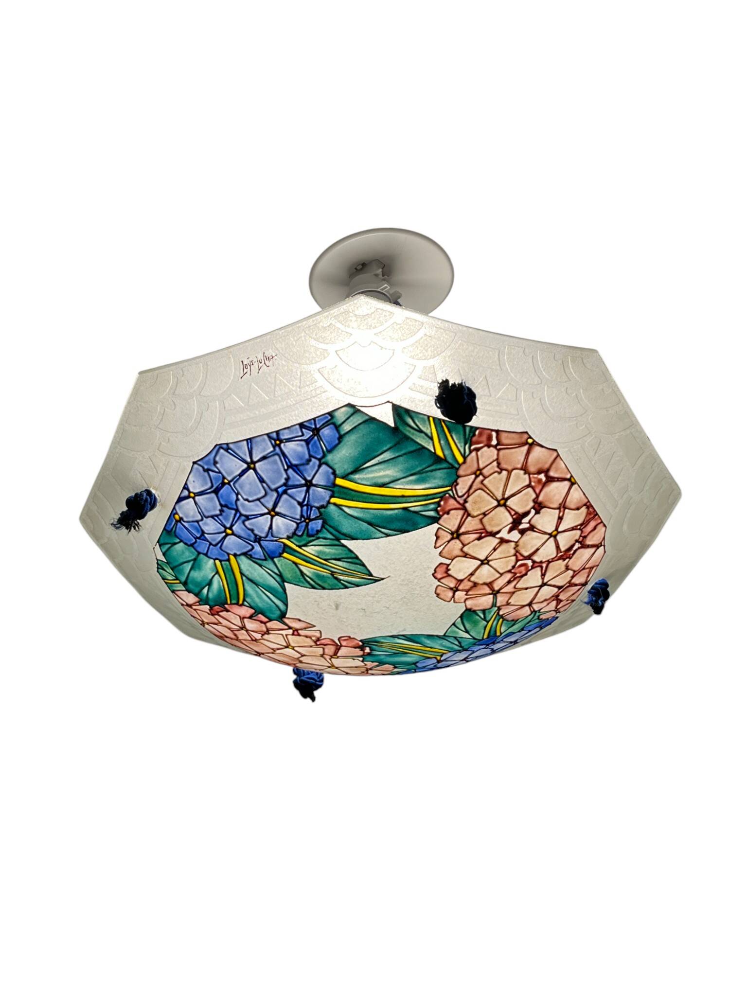 Art déco, suspension verre émaillé signée Loÿs Lucha vers 1930