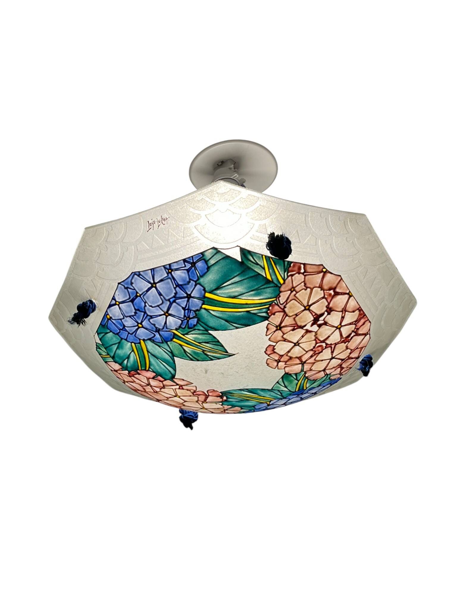 Art déco, suspension verre émaillé signée Loÿs Lucha vers 1930