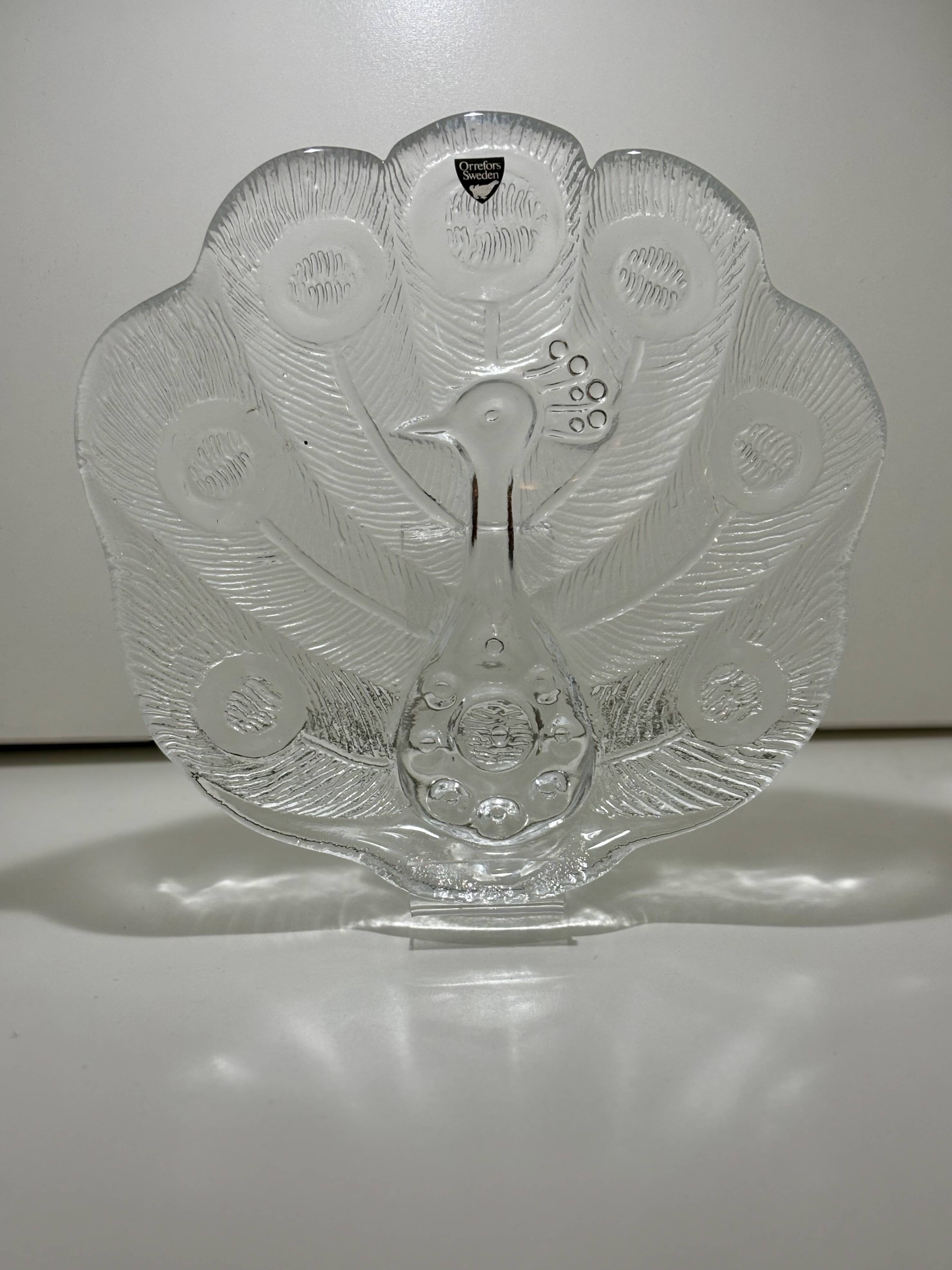 Assiette, Peakcock, verre de cristal, Lars Hellsten, Orrefors, Suède, 1970