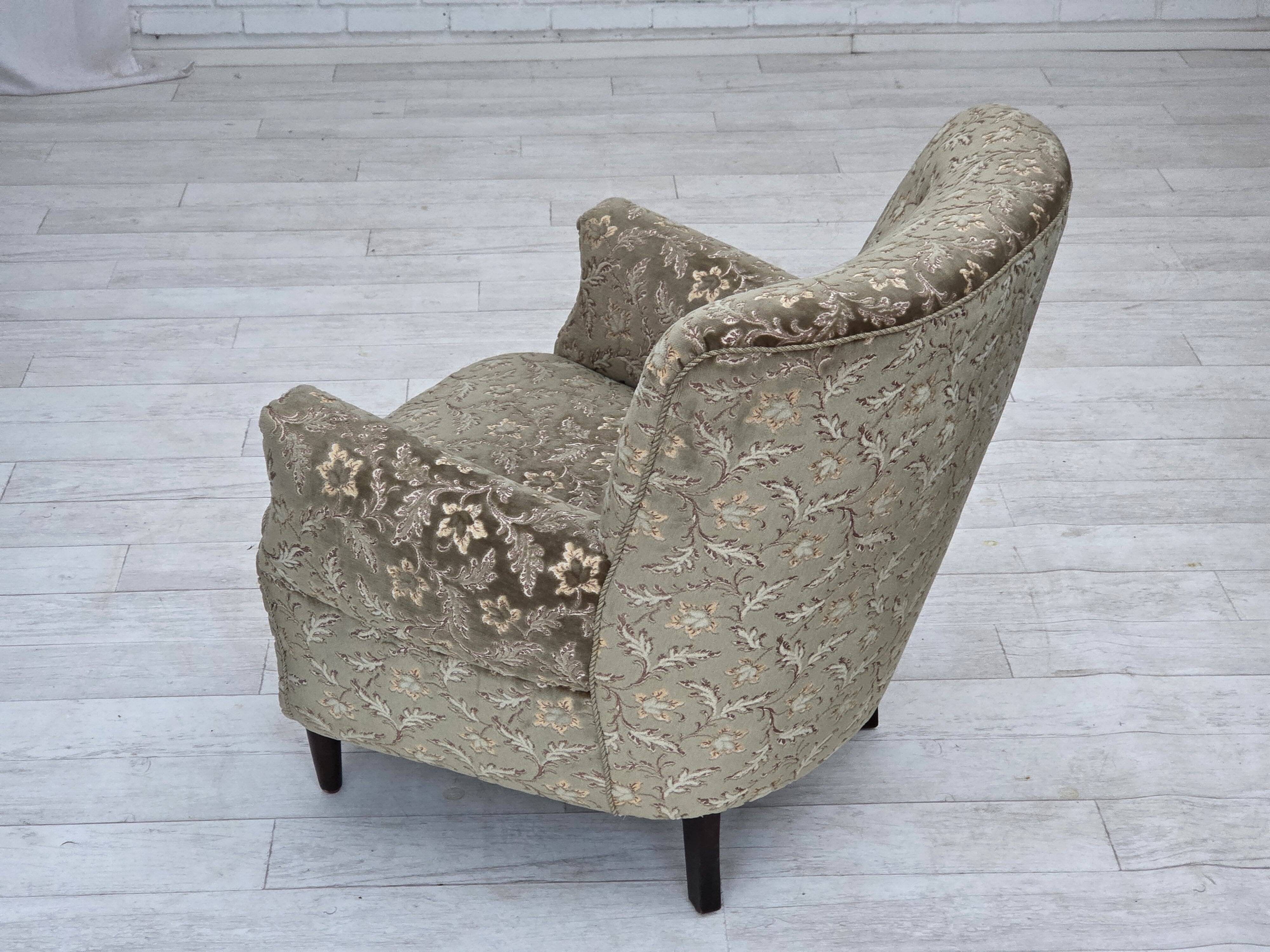 1960s, Danish armchair, light green furniture velour, teak wood legs.