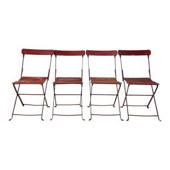 Ensemble de 4 chaises de jardin en fer et bois pliantes début XXème