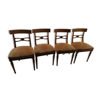 4 cherry wood chairs on top in orange velvet