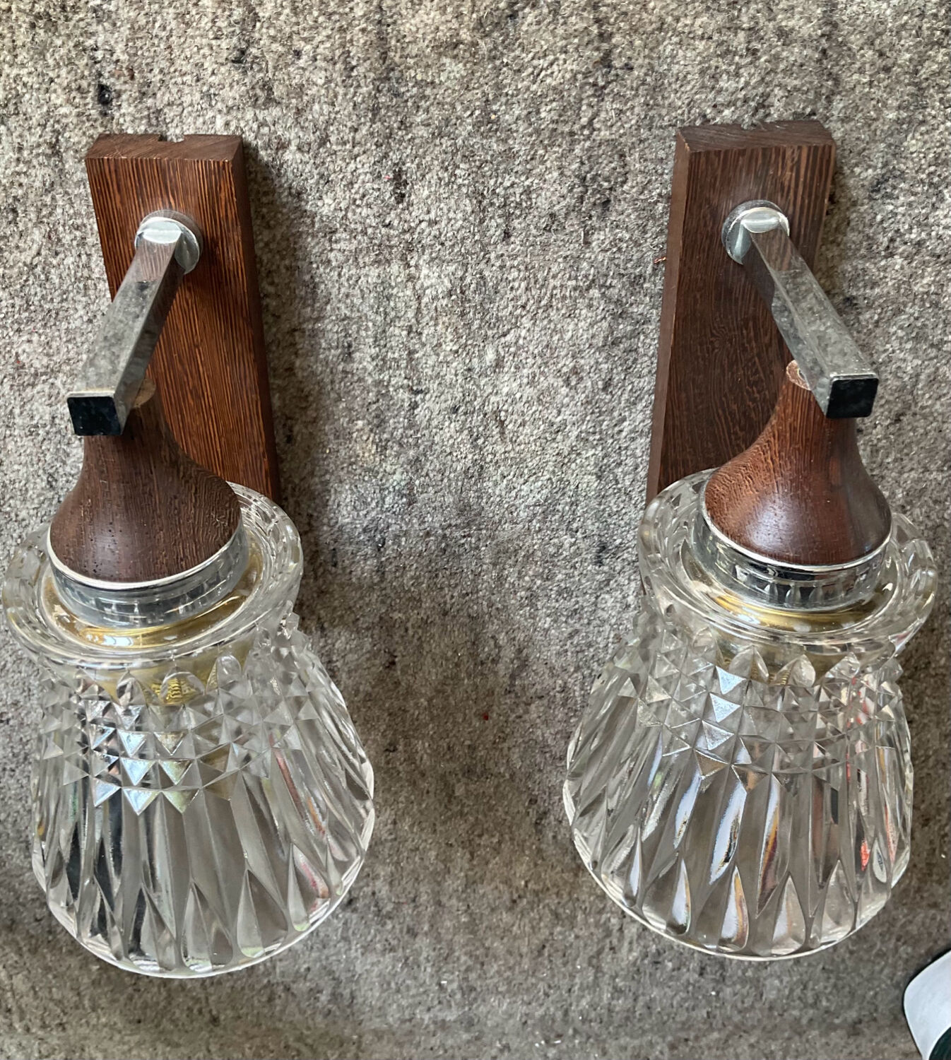 Pair of 60s teak and molded glass sconces