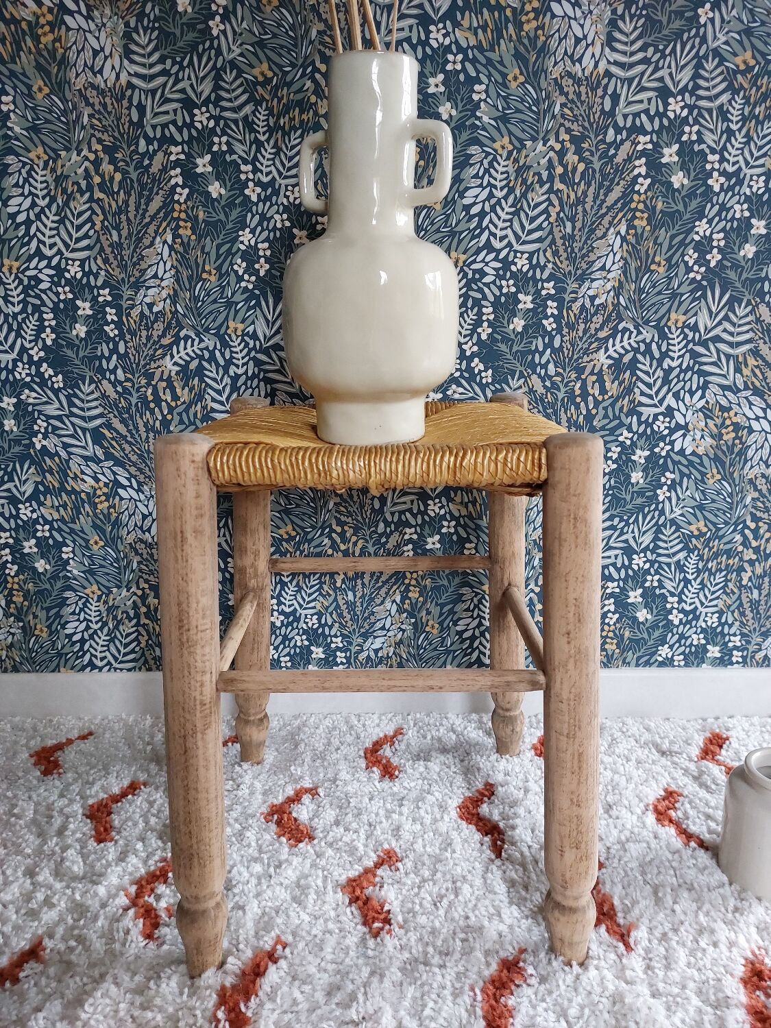 French wooden stool and vintage straw