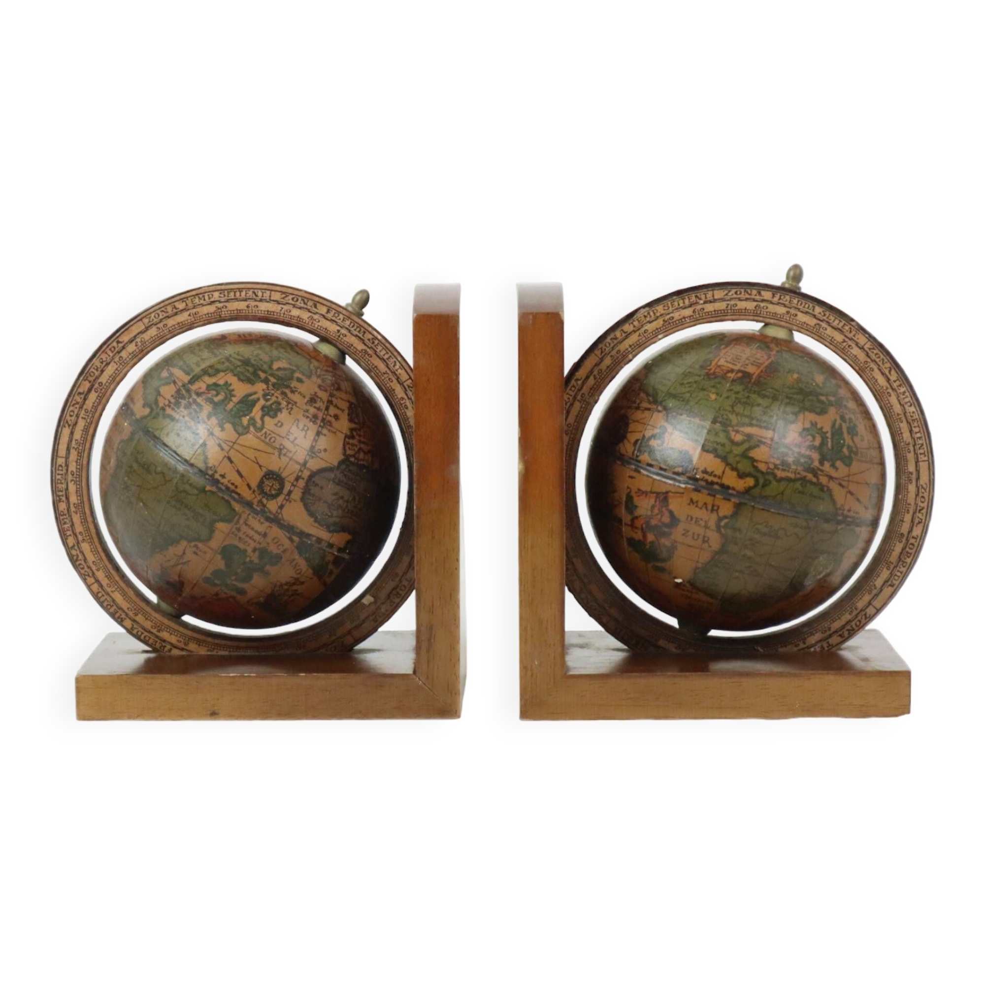 Vintage Set of Wooden Globe Bookends from the 1970s