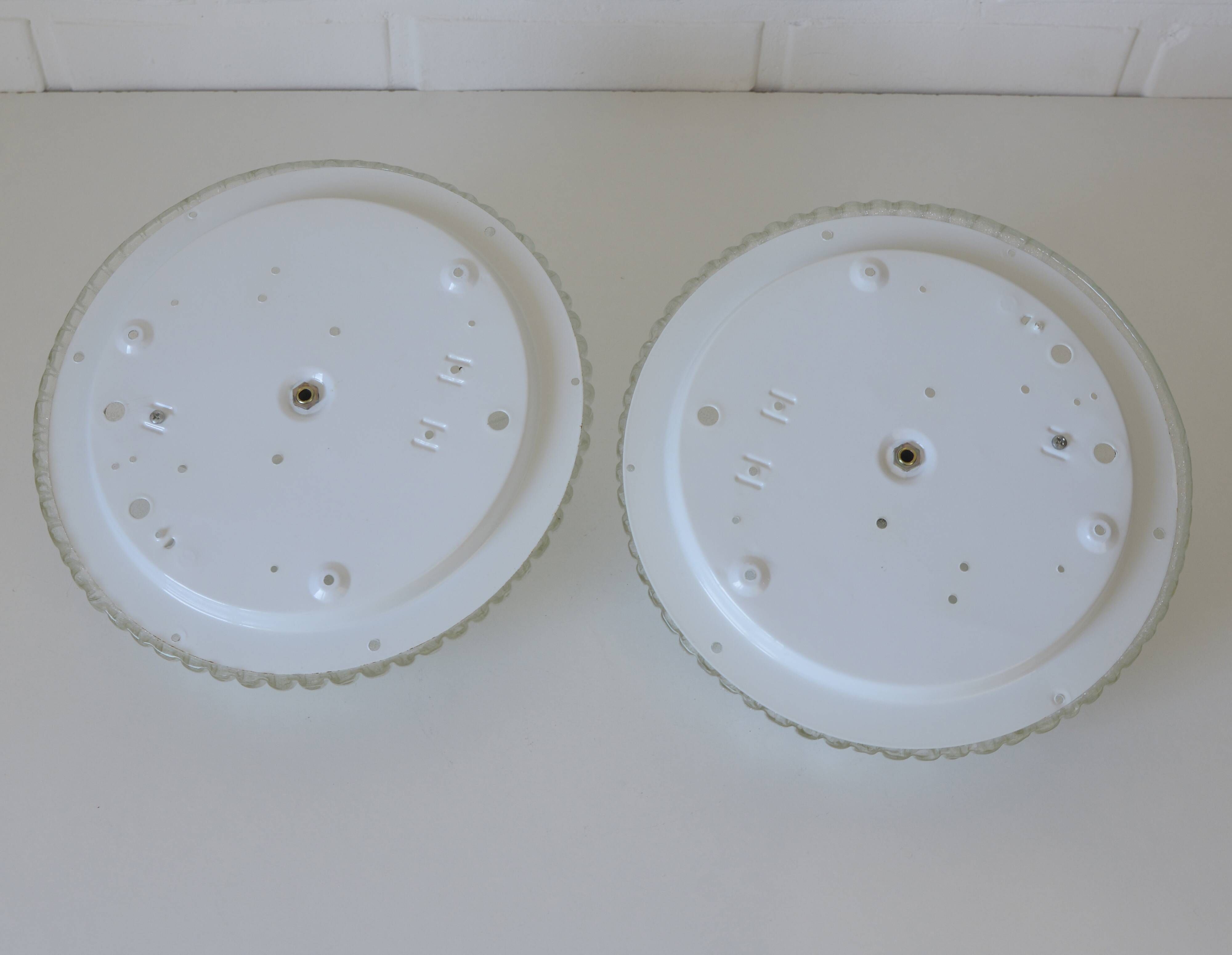 Set of 2 vintage hand blown ice glass wall sconces / pair of flush mount ceiling lights