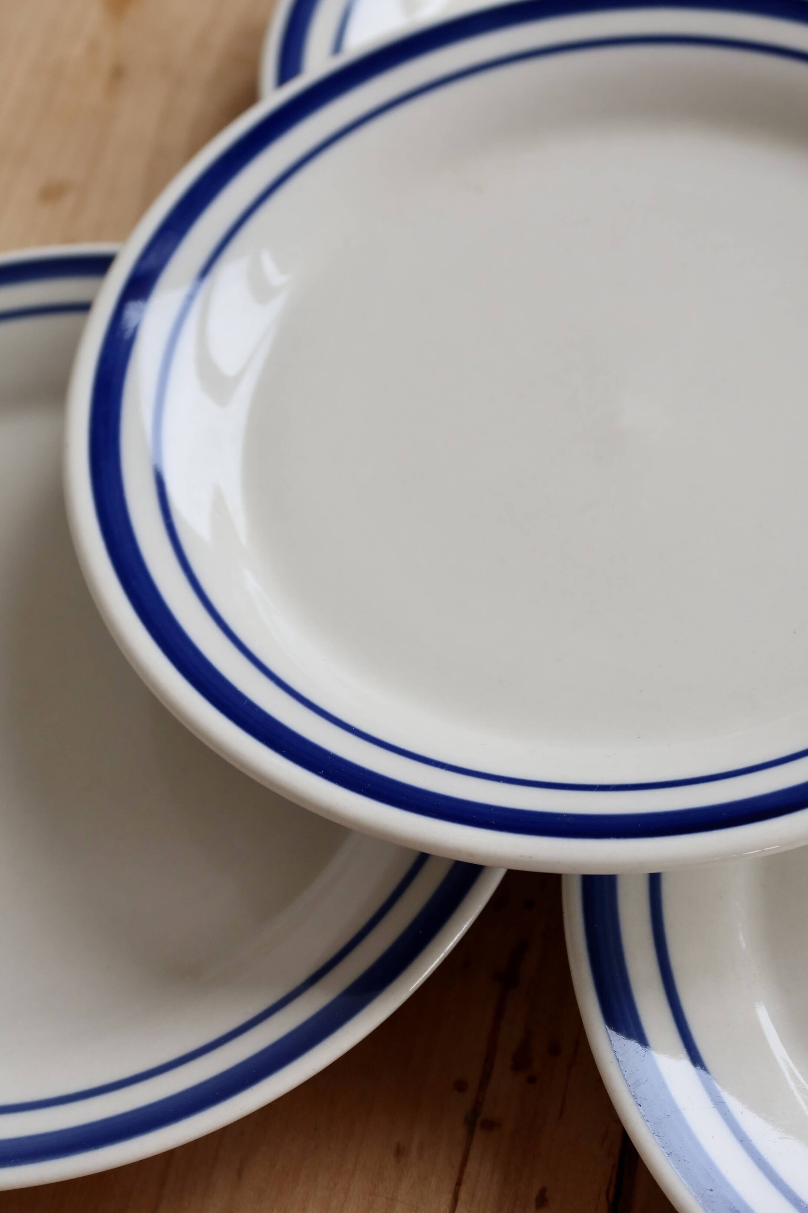 4 vintage dessert plates earthenware – double blue border bistro style