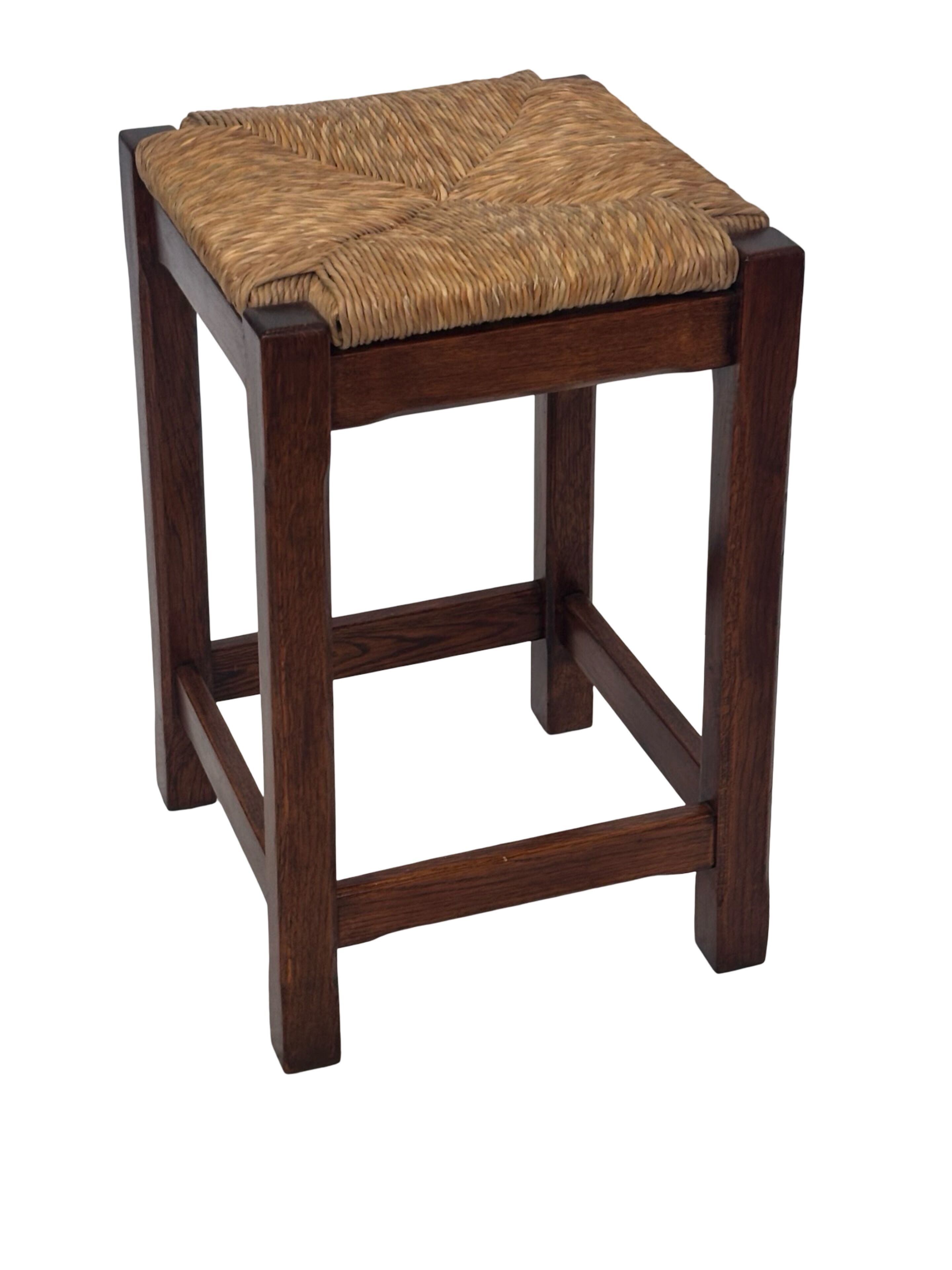 Vintage rattan stool with oak, 60s wabi sabi design, minimalist