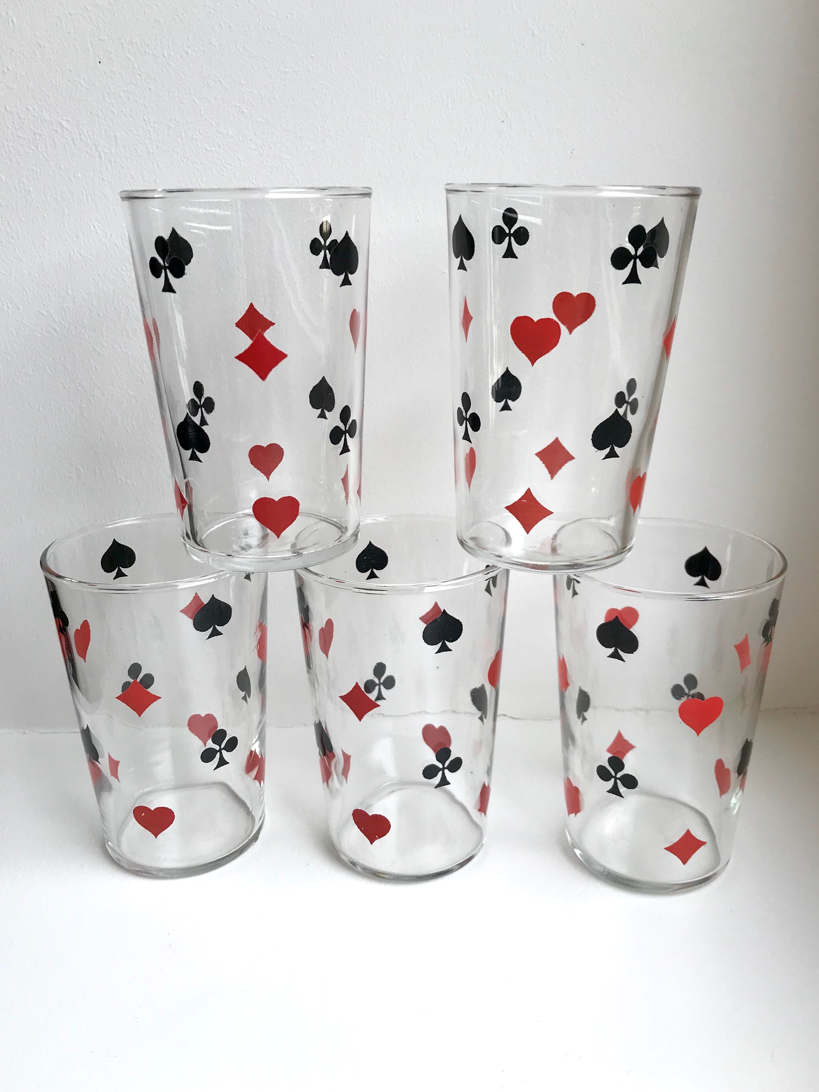 Set of 5 silkscreened water glasses "card game" vintage years 60s-70s