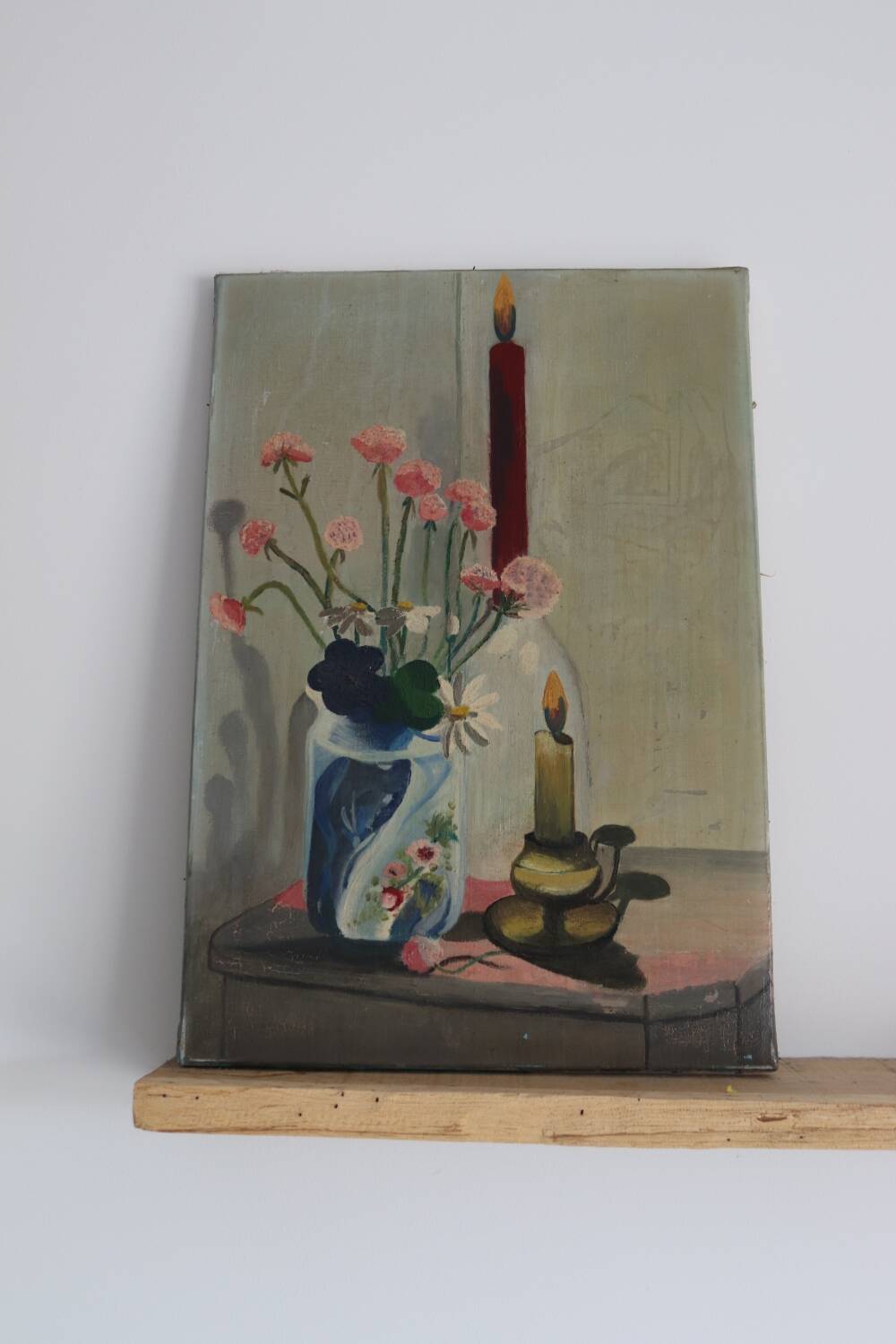 Tableau Huile sur toile bouquet de fleurs et bougies vintage