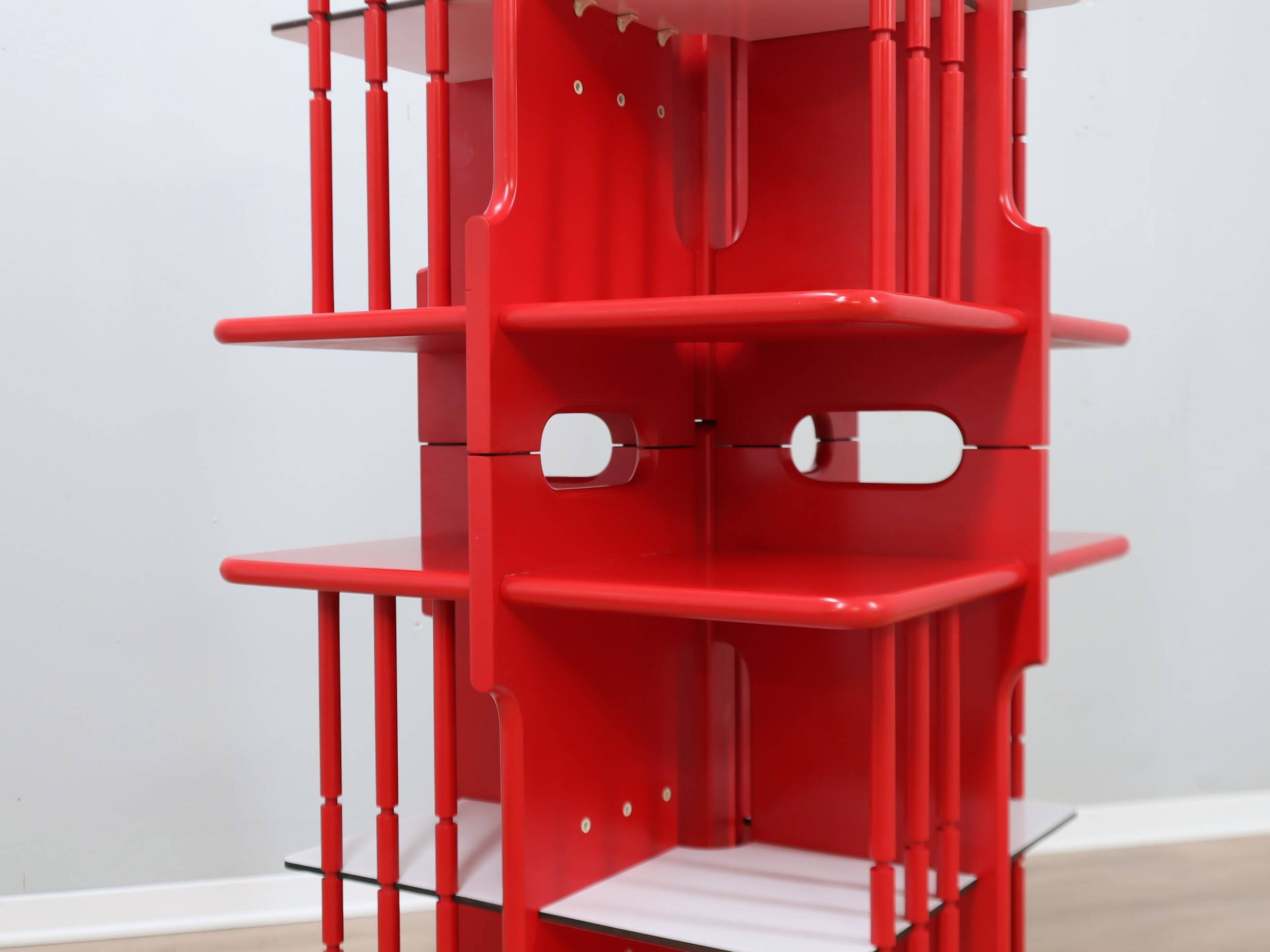 Modular Italian red lacquered solid wood bookshelf, 1960s