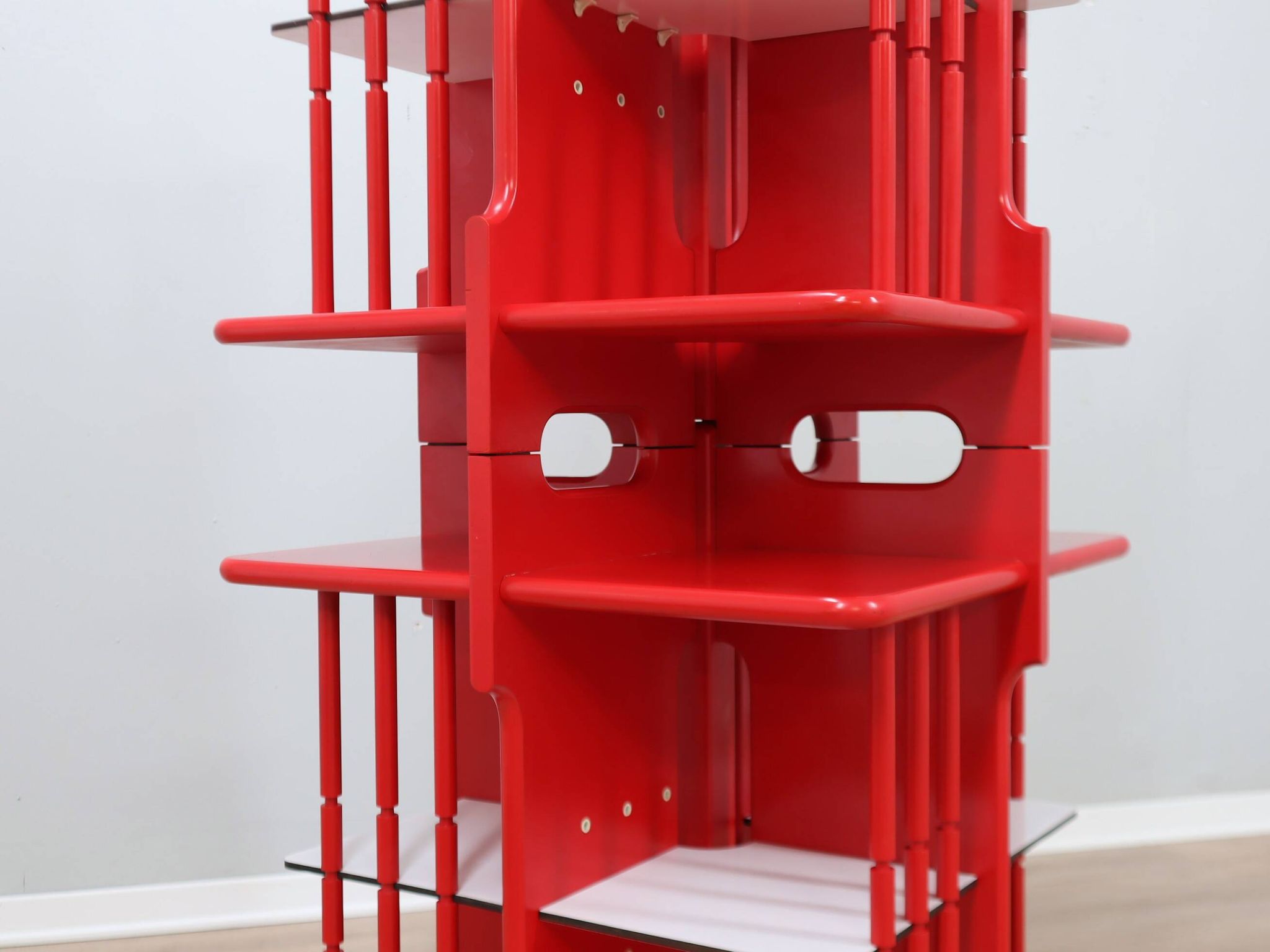 Modular Italian red lacquered solid wood bookshelf, 1960s