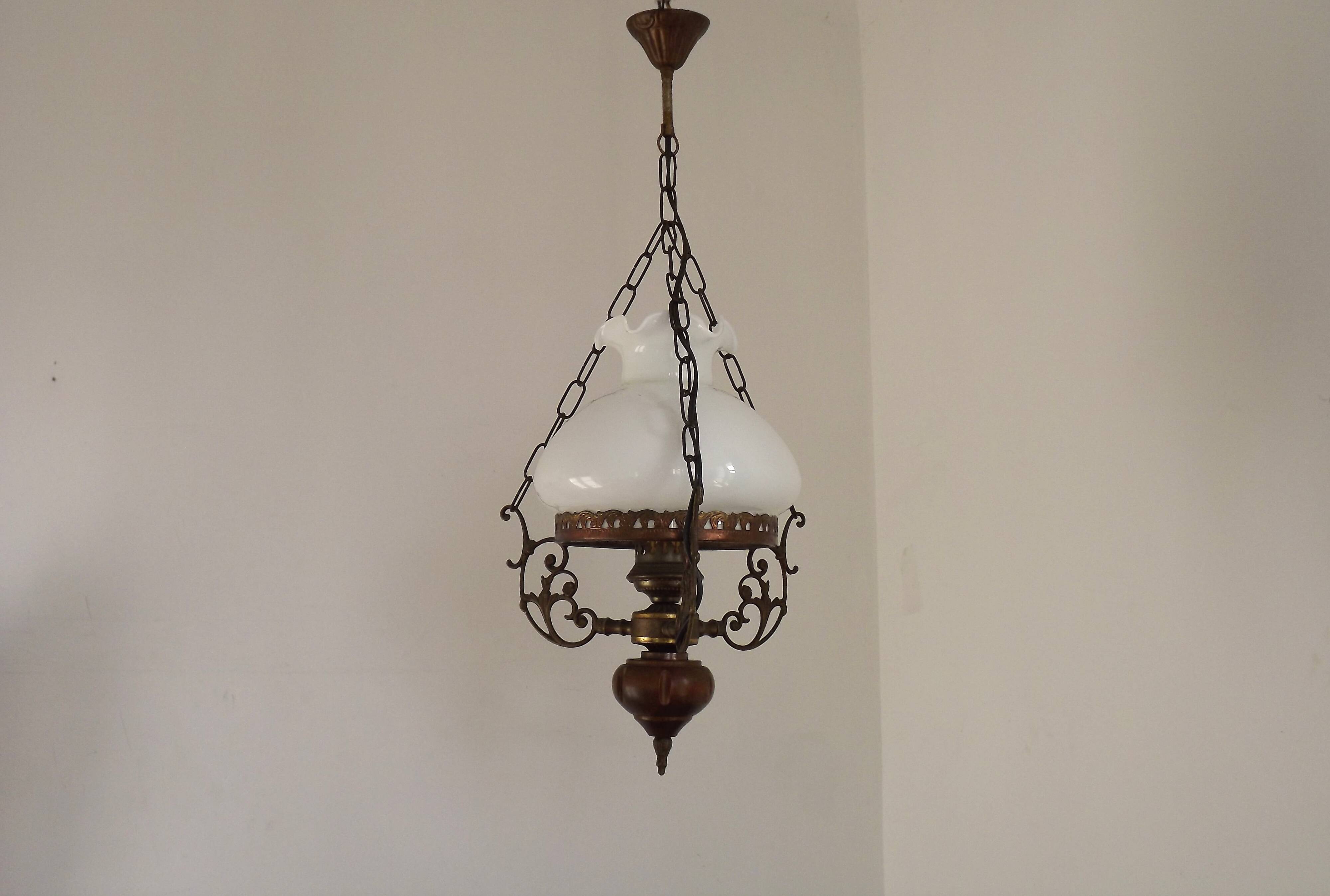 French Vintage Brass Metal And Wood Lantern Ceiling Light White Glass Shade 5120