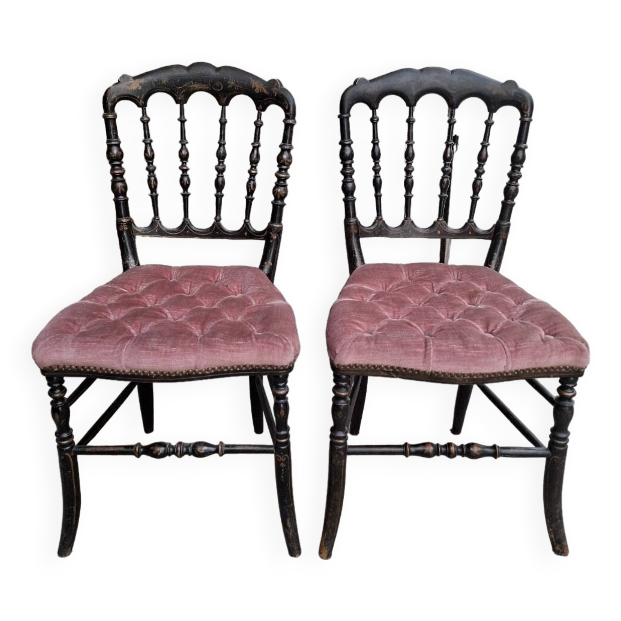 Paire de chaises Napoléon III noir et velours rose