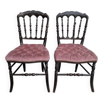Paire de chaises Napoléon III noir et velours rose