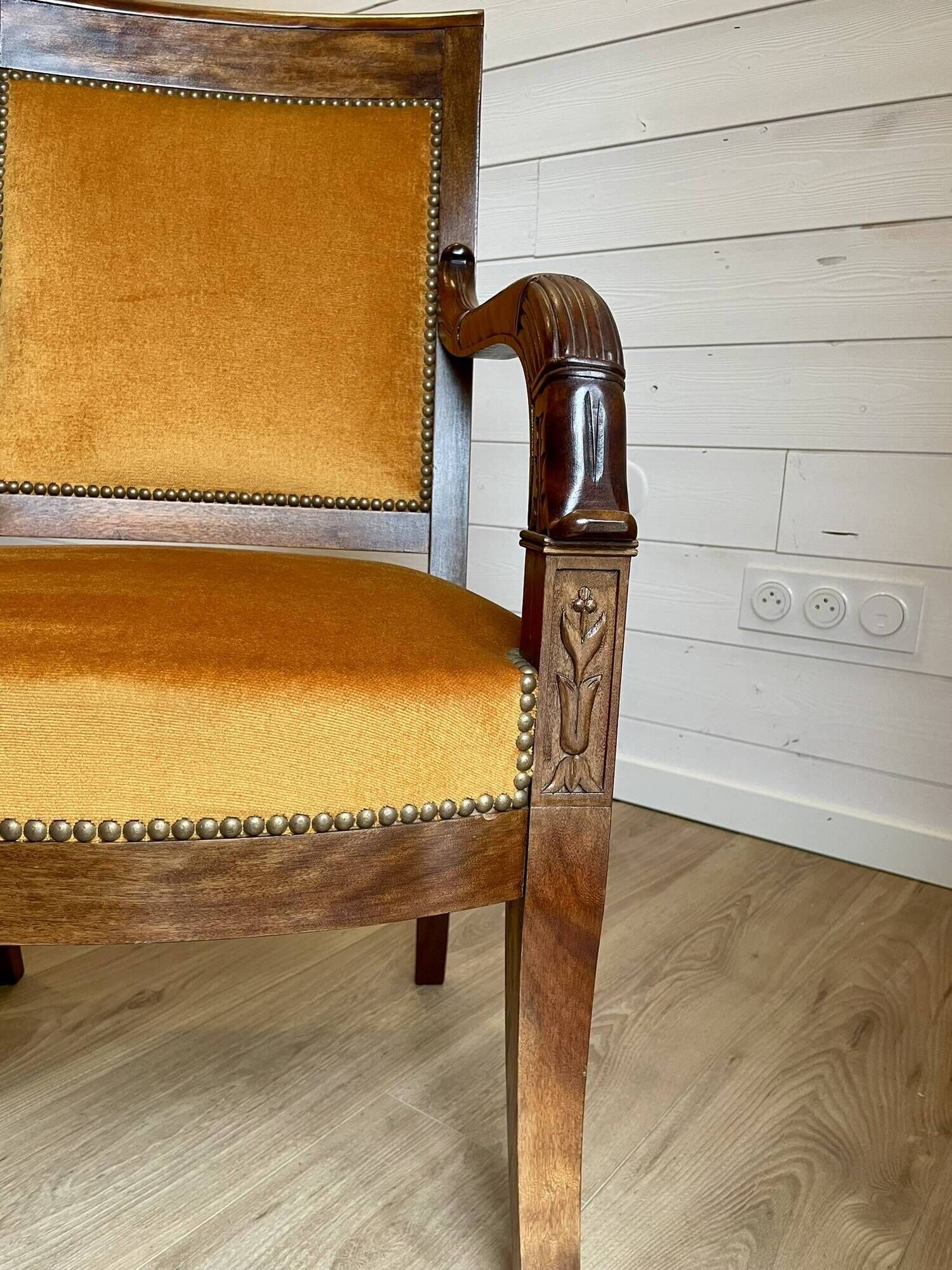 2 vintage style Directoire or Empire armchairs / cabriolets – orange velvet