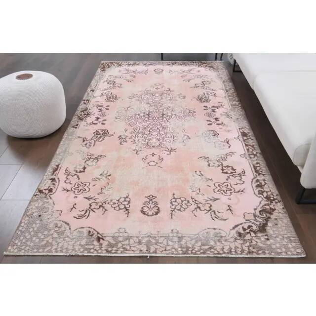 Tapis turc vintage en laine et coton rose noué à la main