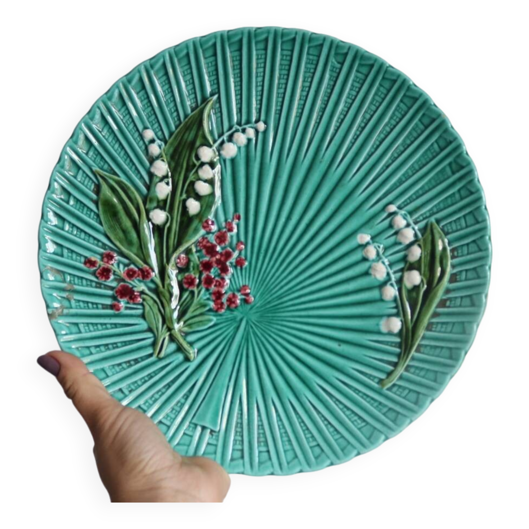 SMF Schramberg Majolica Fruit Dish Lily of the Valley and Forget-Me-Nots